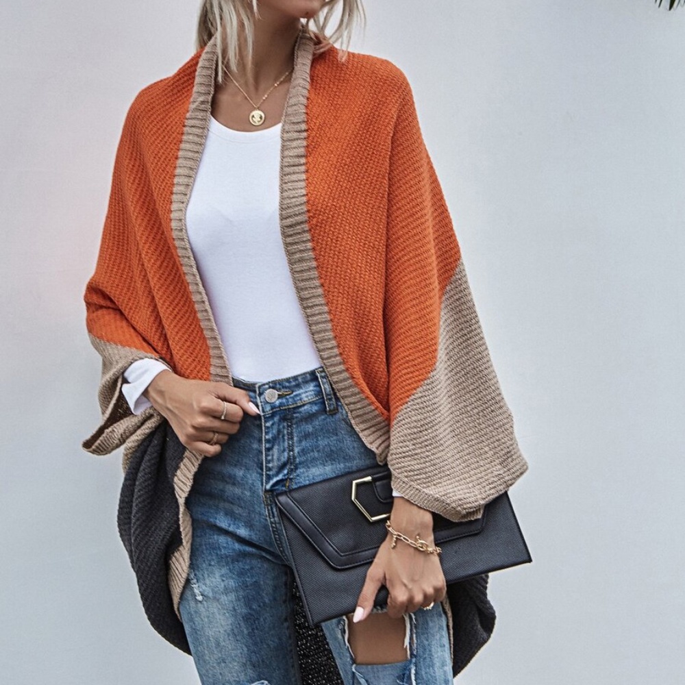 color block knit batwing cardigan oversized orange - Picture 1 of 5